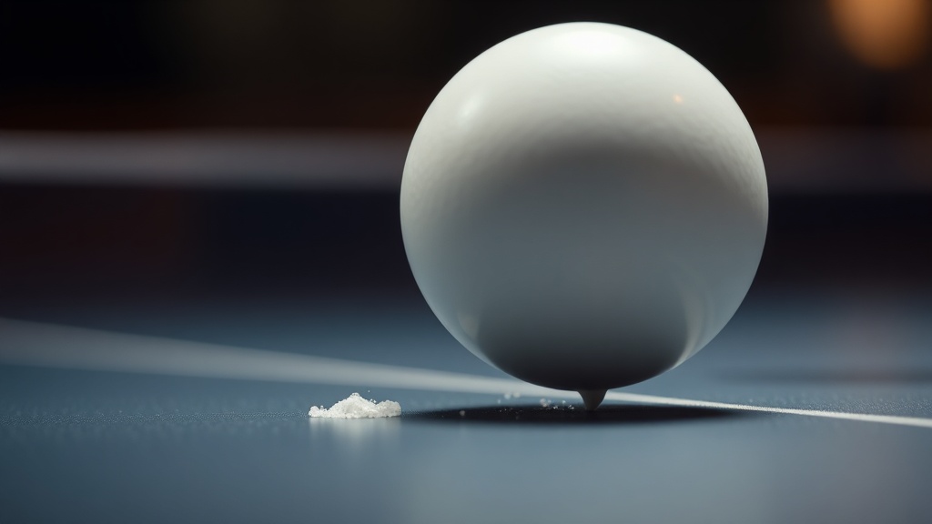 탁구공이 블레이드 표면에 임팩트되어 미세하게 변형되며 머무르는 찰나의 순간을 포착한 모습