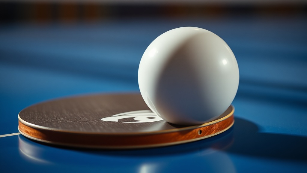 탁구 라켓 표면에 공이 강하게 임팩트 되며 드웰 타임이 발생하는 순간의 클로즈업 장면