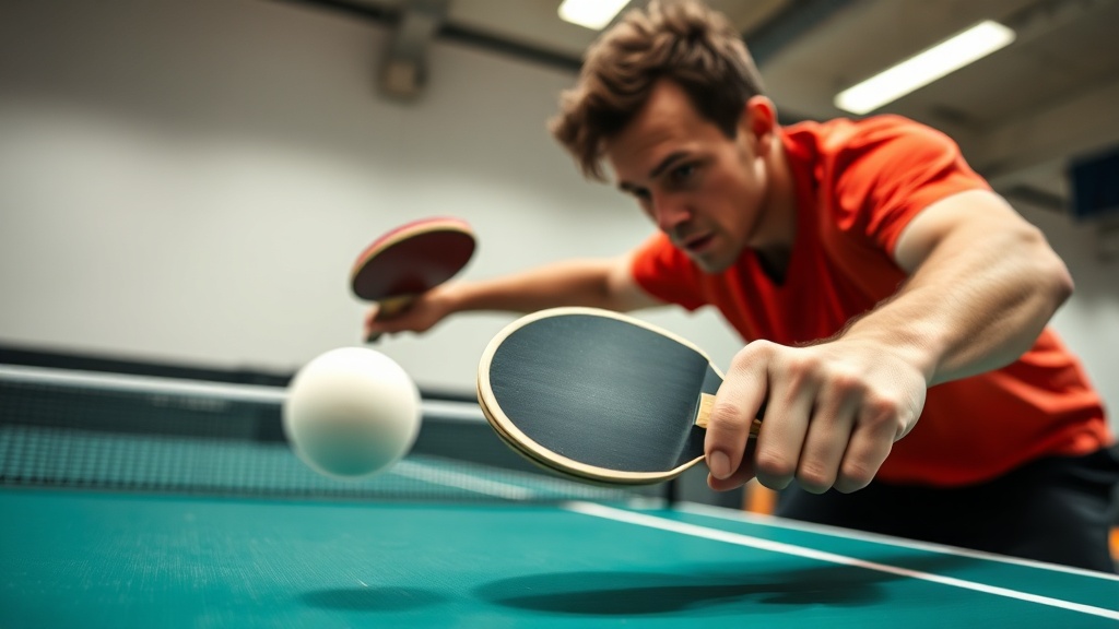 선수가 낮은 자세에서 공을 긁어올리며 강력한 루프 드라이브를 거는 역동적인 모습